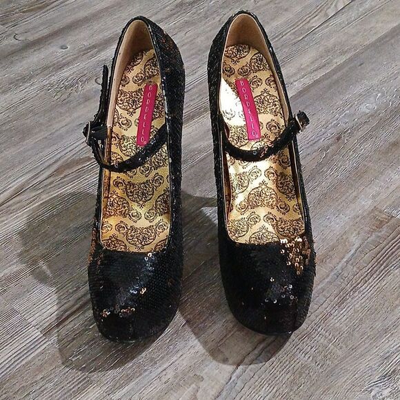 Bordello black gold shifting sequin stiletto 6" heels Sz 7 NWOT - Picture 2 of 10